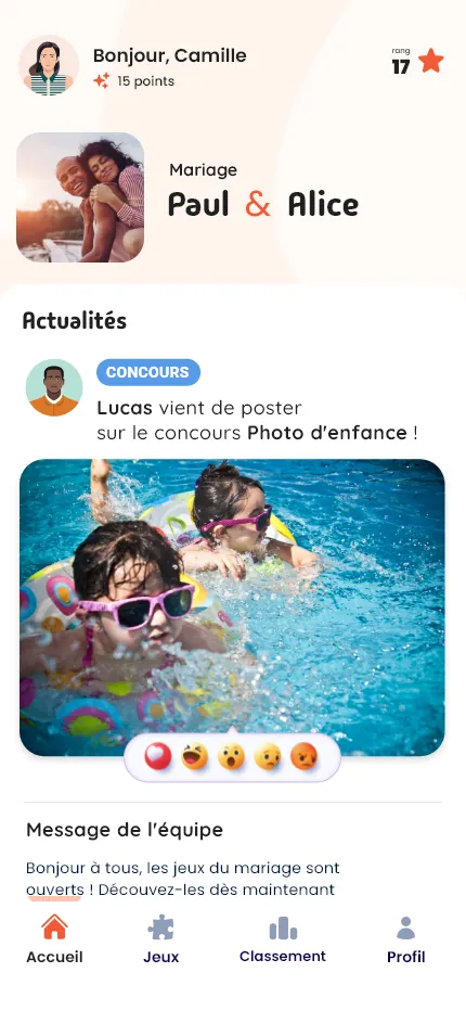 Accueil de l'application de mariage WeddingFun