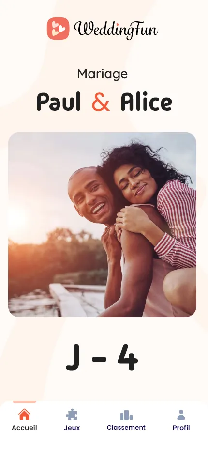 Écran de teasing de l'application WeddingFun